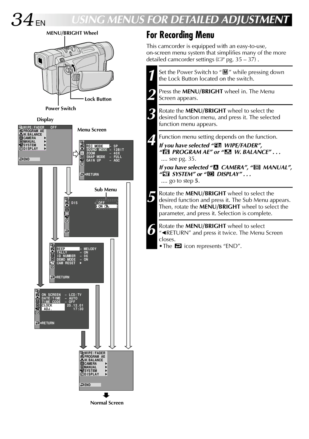 JVC GRDVL140 EN Using Menus for Detailed Adjustment, If you have selected WIPE/FADER Program AE or W. Balance, See pg 