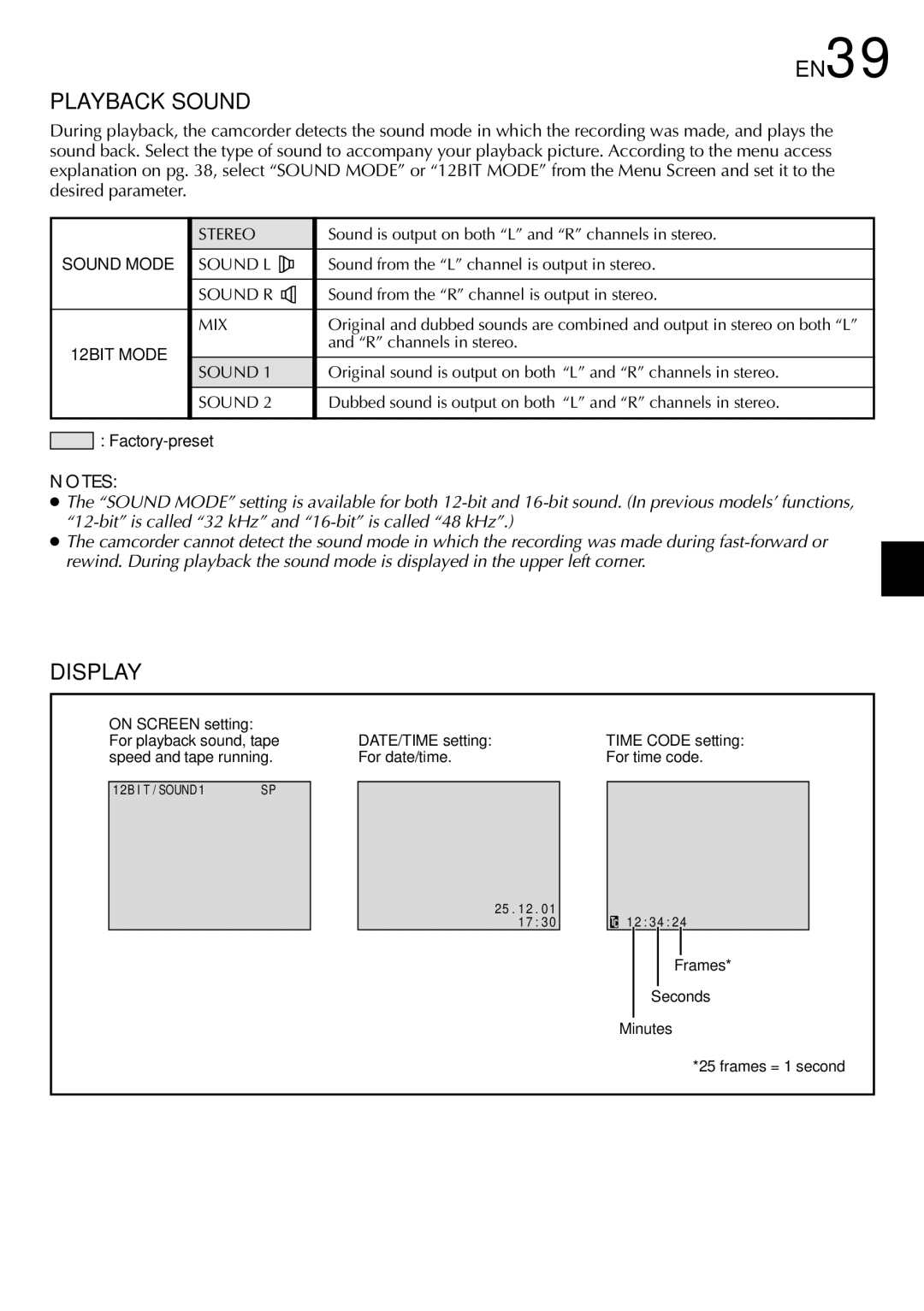 JVC GRDVL140 specifications Playback Sound, Display 