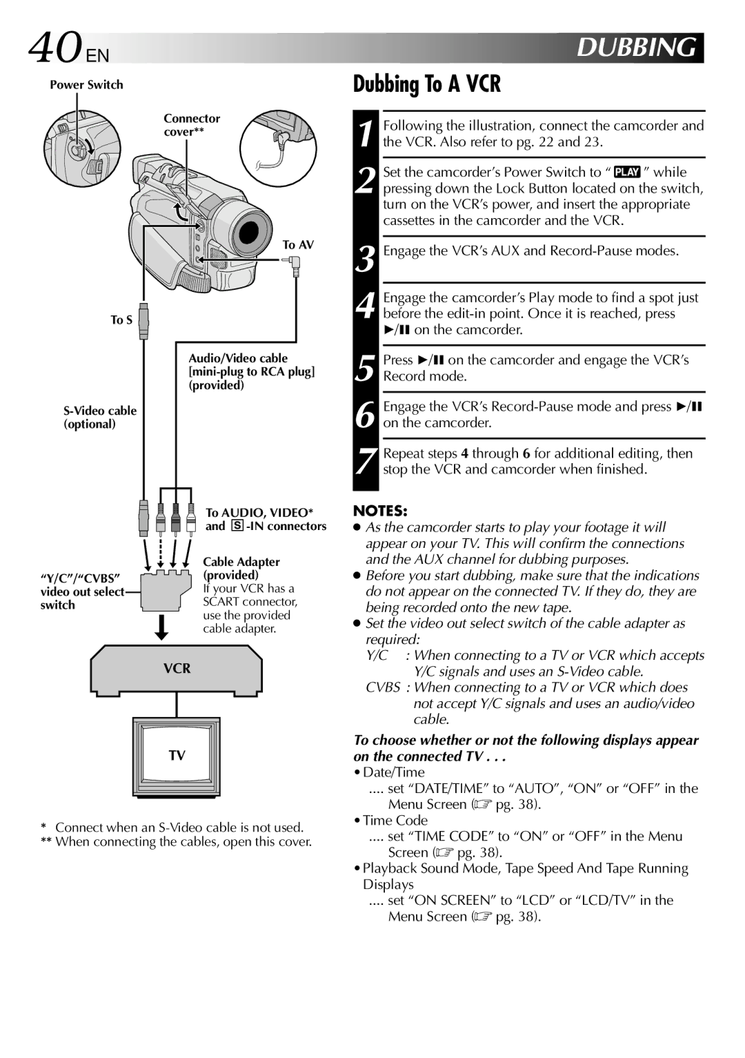 JVC GRDVL140 specifications 40 EN, Dubbing To a VCR 