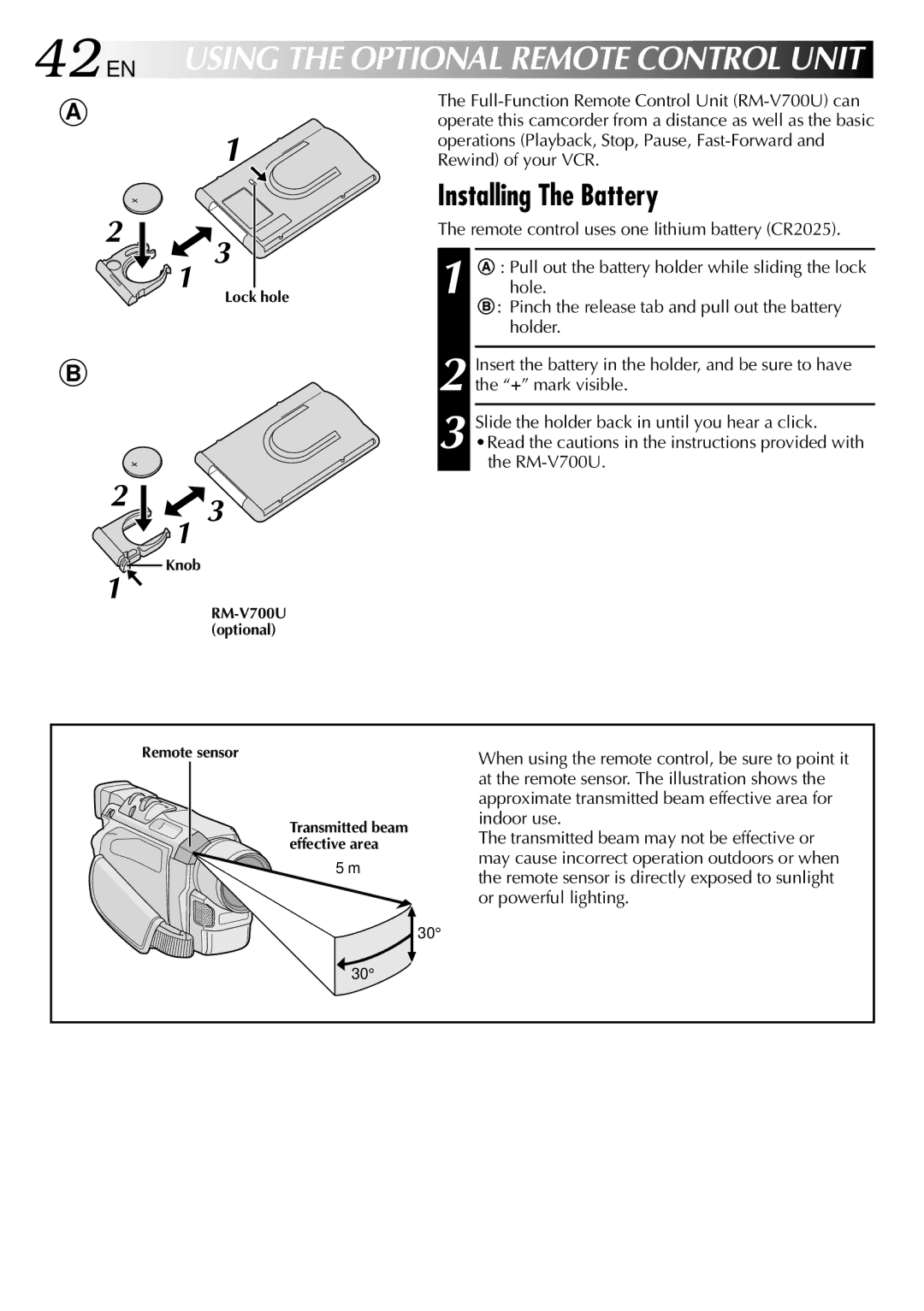 JVC GRDVL140 specifications EN Using the Optional Remote Control Unit, Installing The Battery 