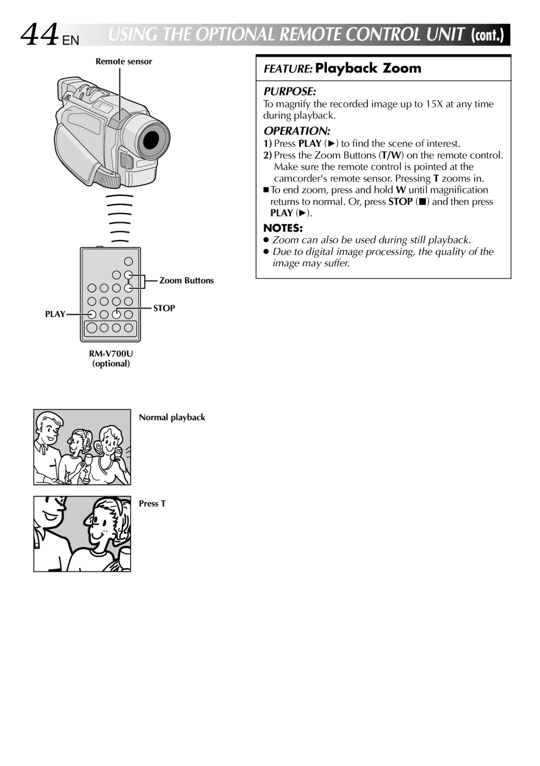 JVC GRDVL140 specifications 44 EN, Feature Playback Zoom, Press Play 4 to find the scene of interest 