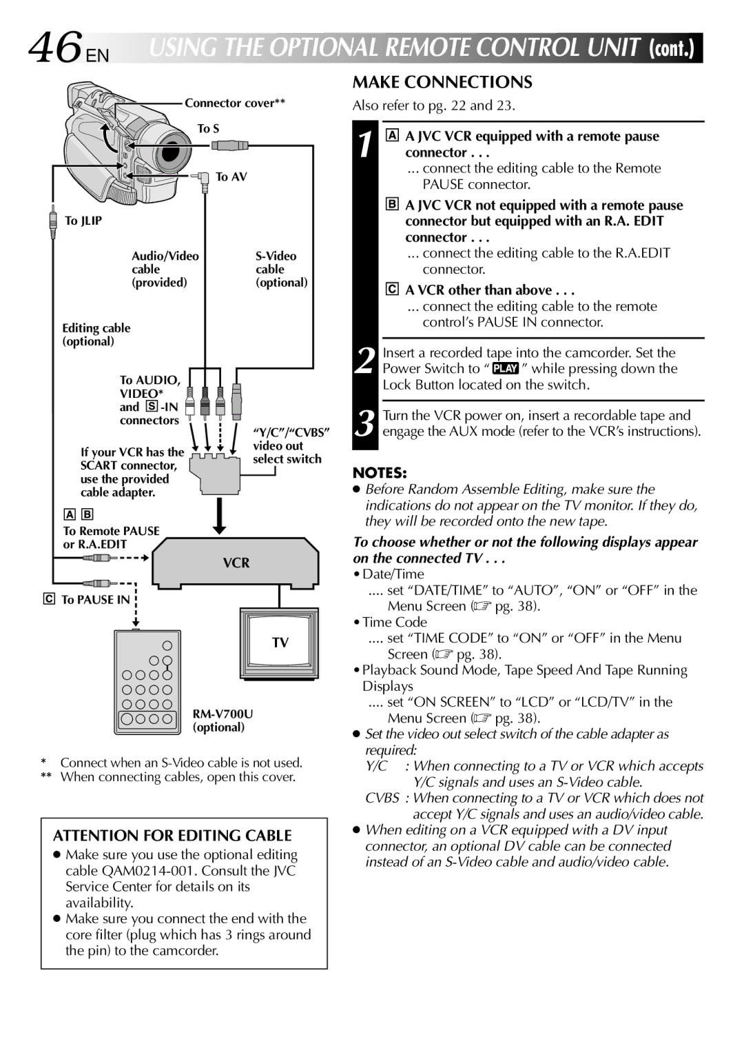 JVC GRDVL140 specifications Make Connections, JVC VCR equipped with a remote pause connector, VCR other than above 