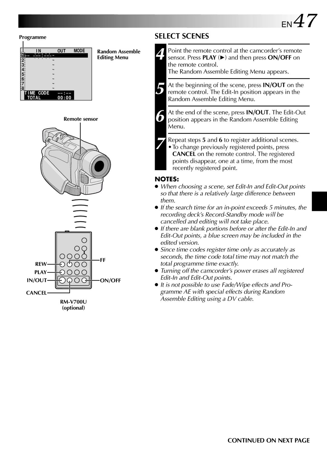 JVC GRDVL140 specifications Select Scenes, Cancelled and editing will not take place 