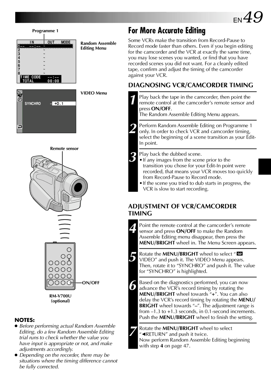 JVC GRDVL140 specifications For More Accurate Editing, Diagnosing VCR/CAMCORDER Timing, Adjustment of VCR/CAMCORDER Timing 