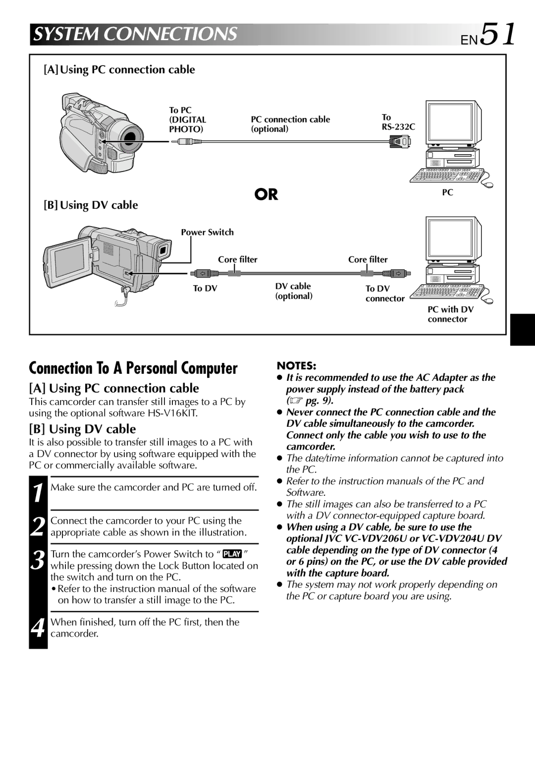 JVC GRDVL140 specifications Using PC connection cable, Using DV cable 