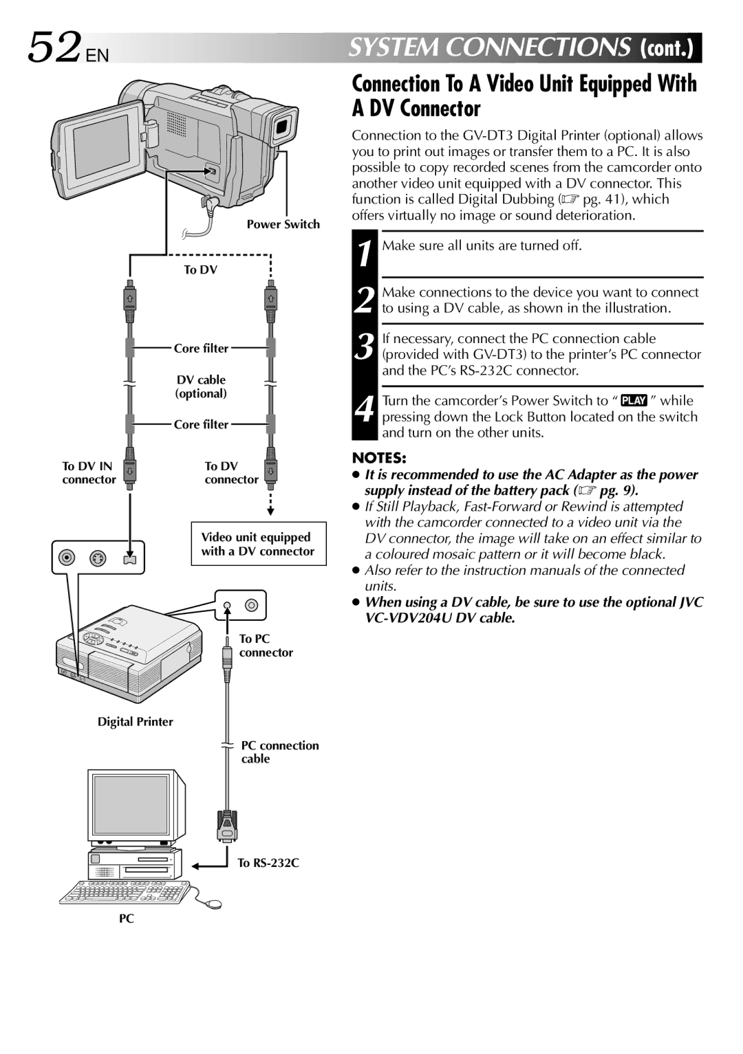 JVC GRDVL140 specifications 52 EN, Connection To a Video Unit Equipped With a DV Connector 