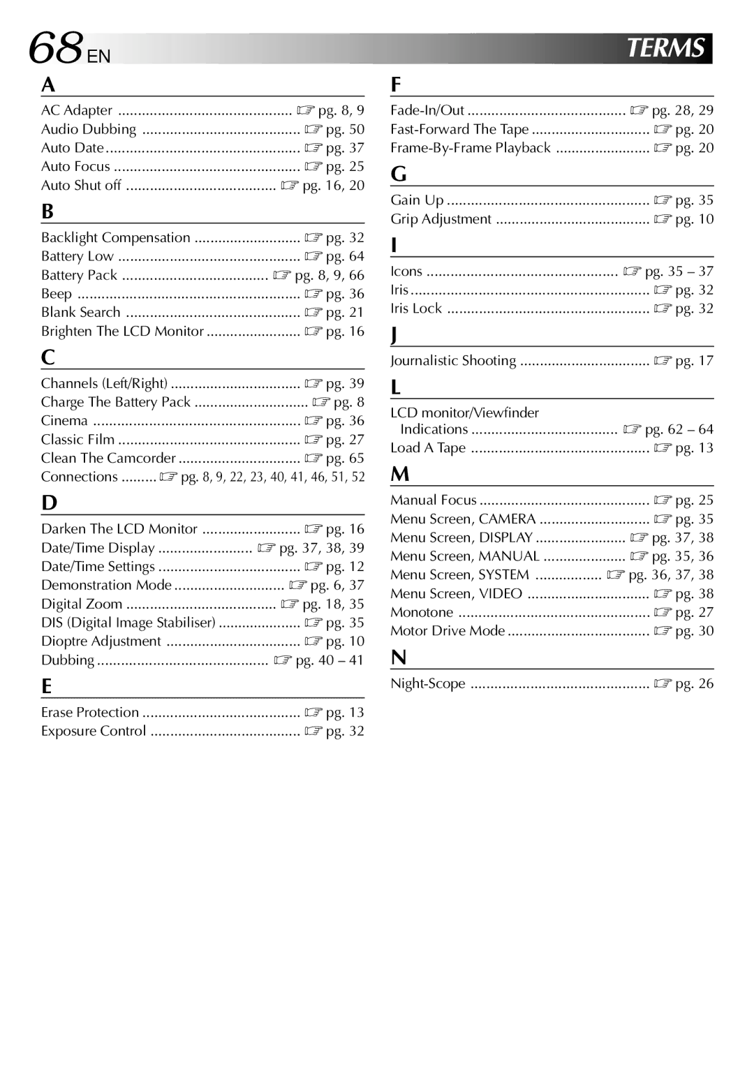 JVC GRDVL140 specifications 68 EN, Terms 