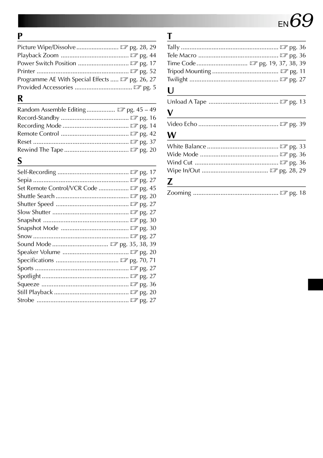 JVC GRDVL140 specifications EN69, Time Code  pg , 37, 38 