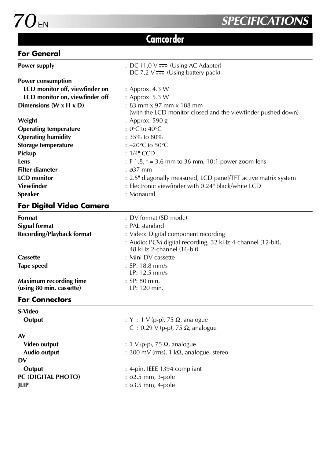 JVC GRDVL140 specifications 70 EN 