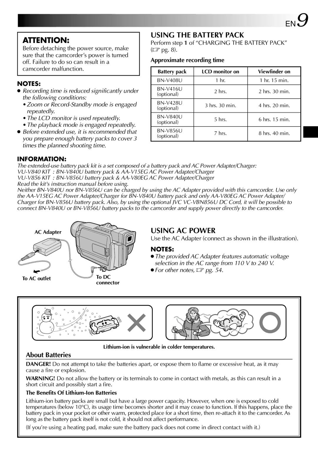 JVC GRDVL140 Using the Battery Pack, Using AC Power, Perform of Charging the Battery Pack  pg, Approximate recording time 