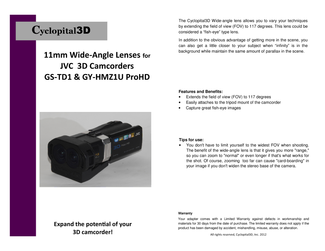 JVC GS-TD1 warranty E oenal of or 3D camcorder, Features and Benefits, Tips for use, Warranty 