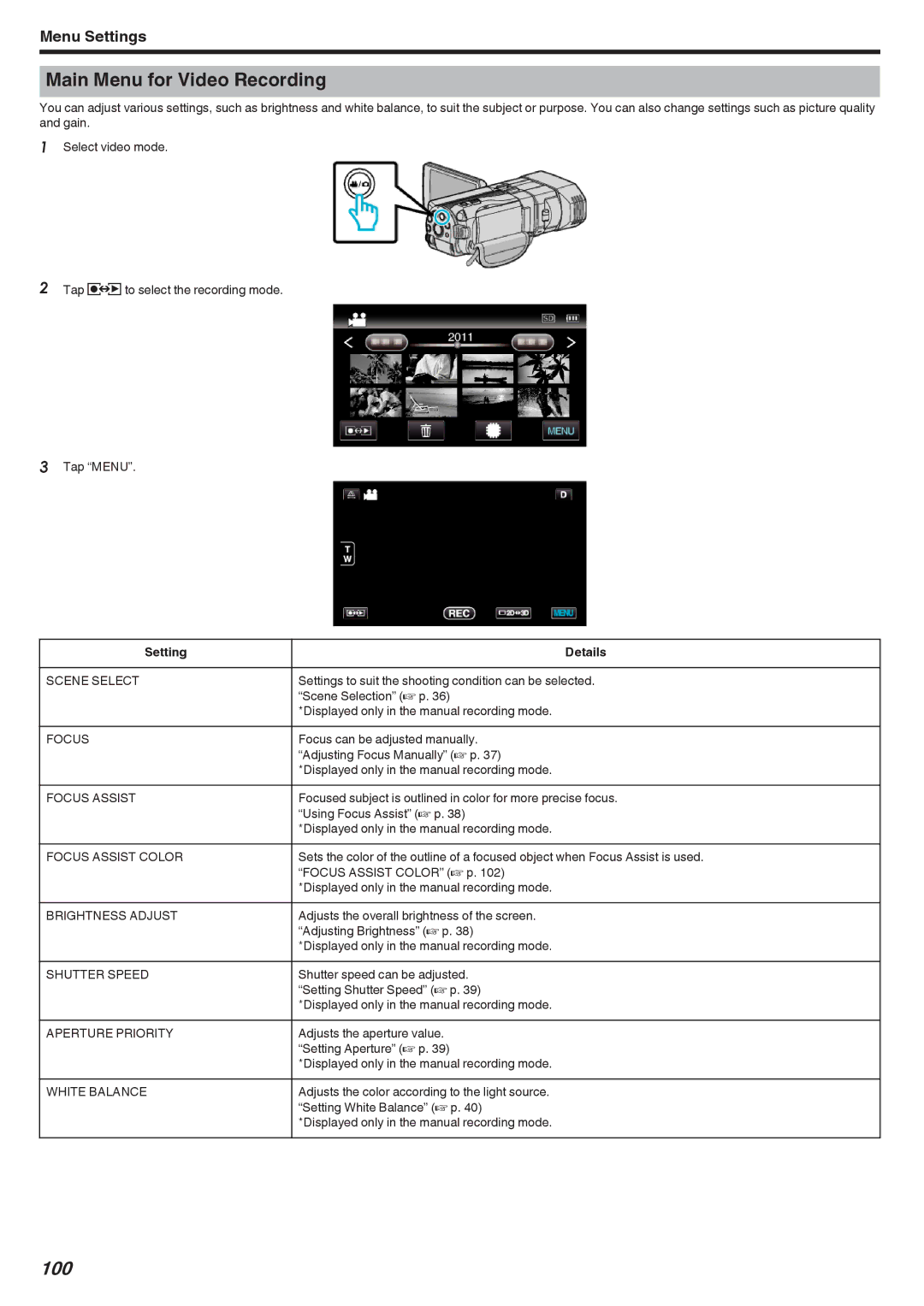 JVC GSTD1BUS manual Main Menu for Video Recording, 100, Focus Assist Color 