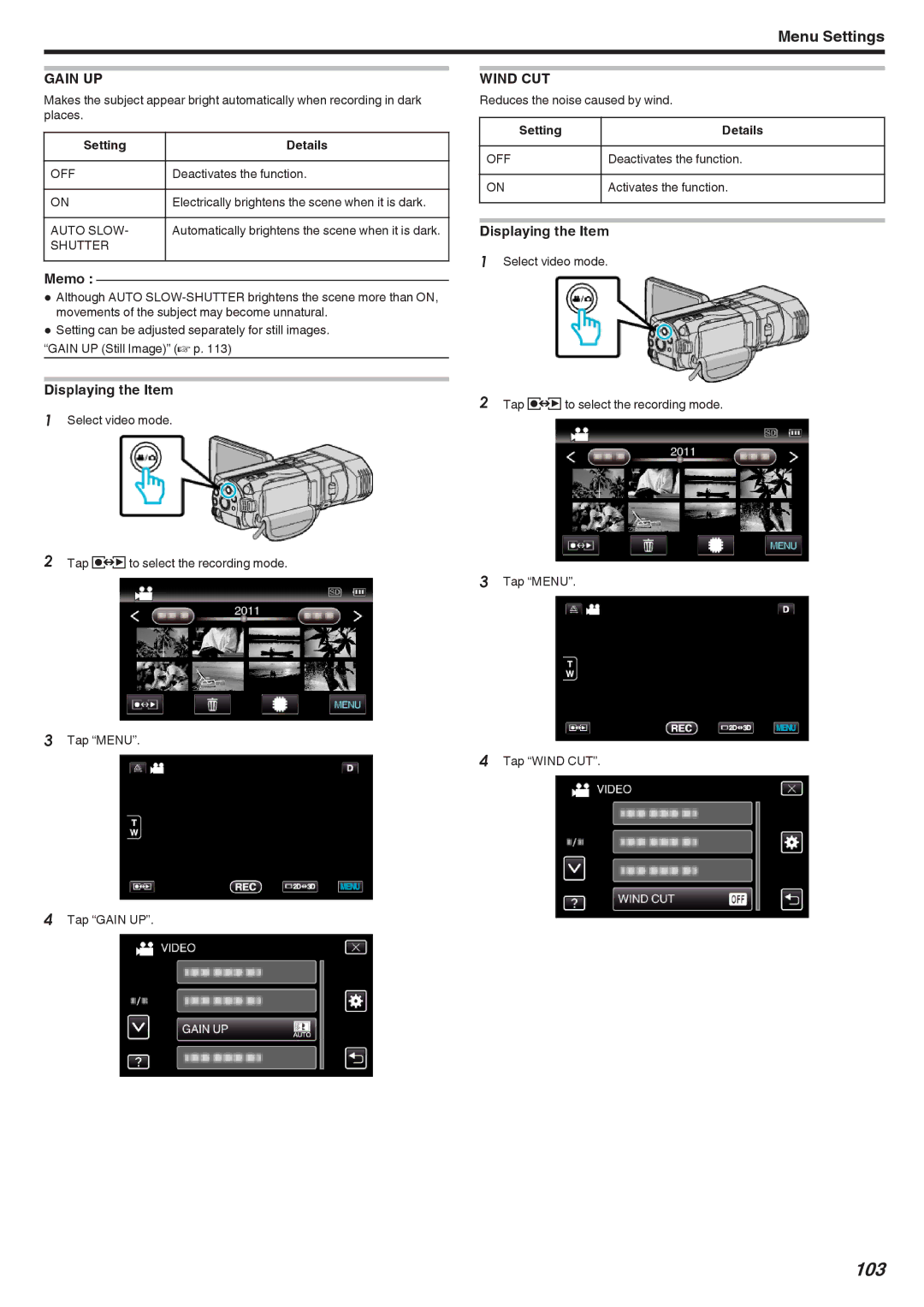 JVC GSTD1BUS manual 103, Gain UP, Wind CUT, Auto Slow, Shutter 