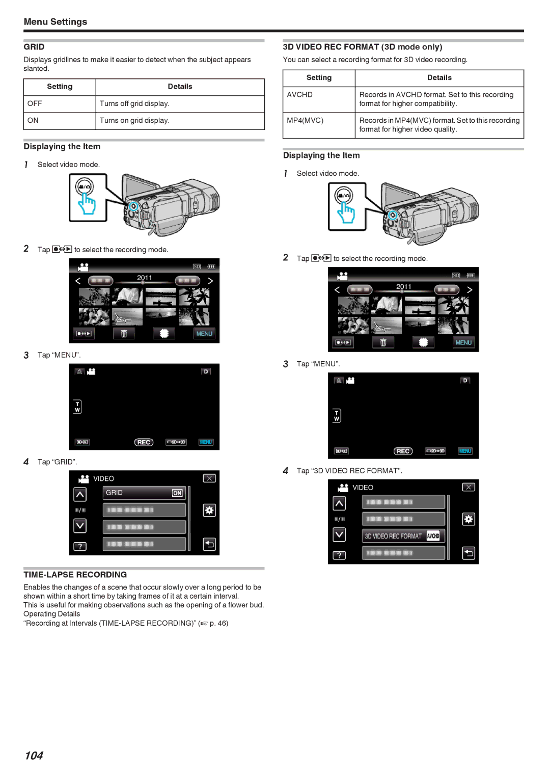 JVC GSTD1BUS manual 104, Grid, TIME-LAPSE Recording, 3D Video REC Format 3D mode only 