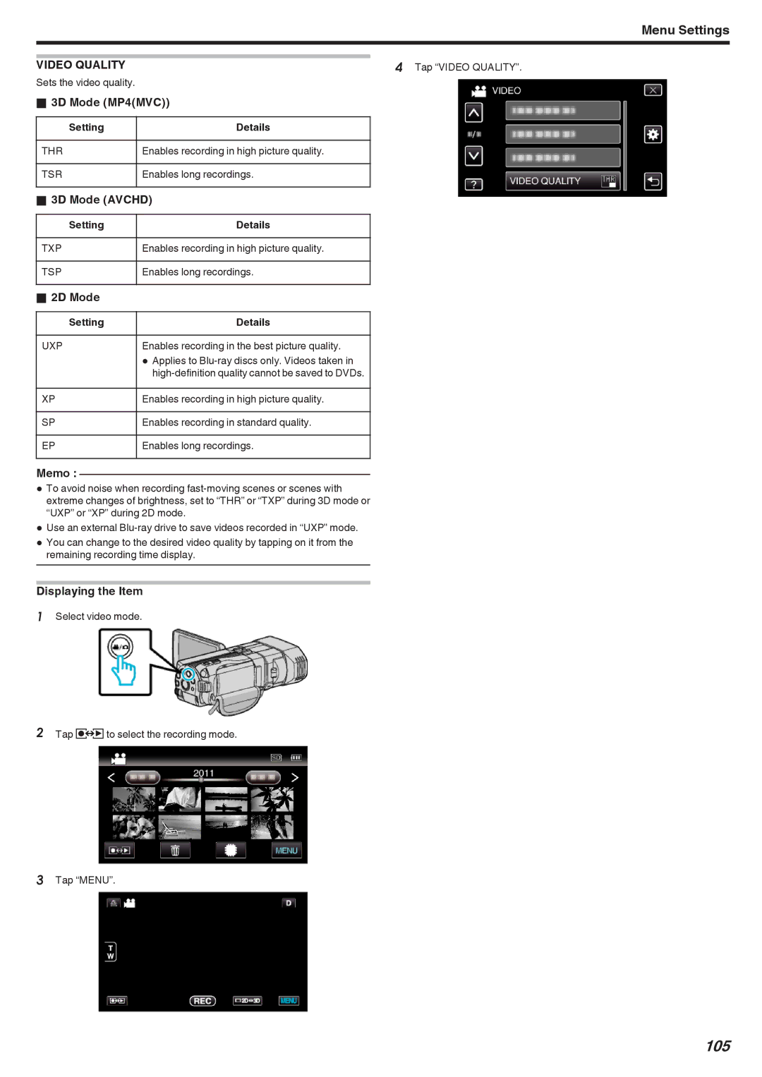 JVC GSTD1BUS manual 105, Video Quality 