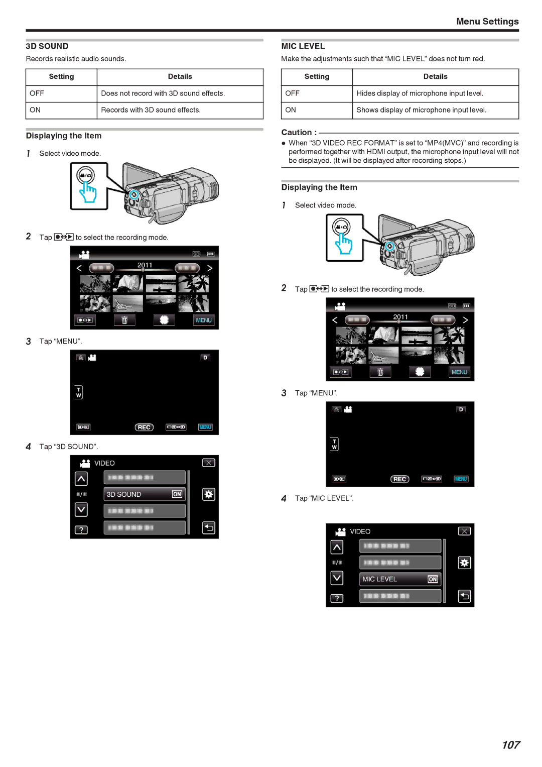 JVC GSTD1BUS manual 107, 3D Sound, MIC Level 