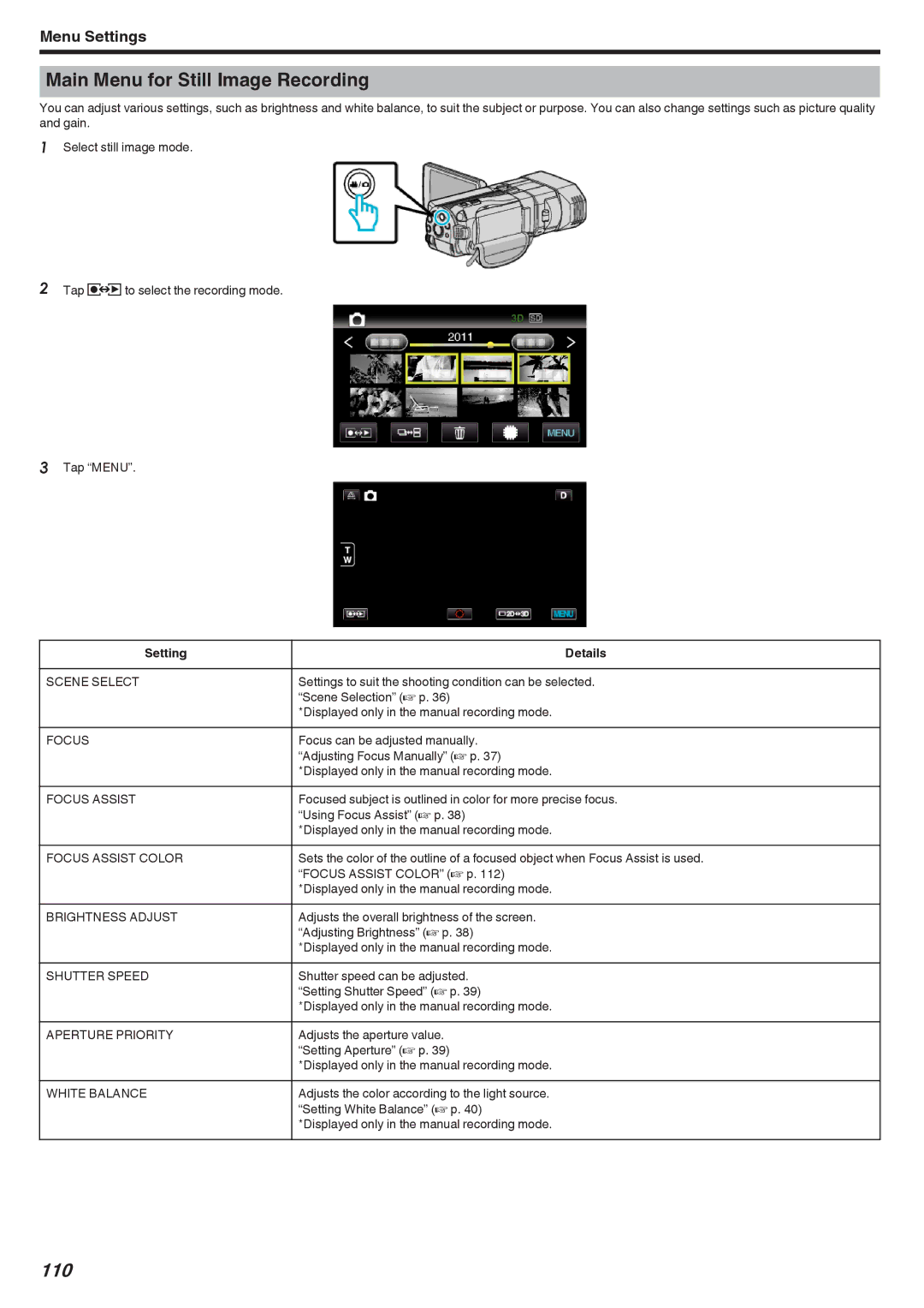 JVC GSTD1BUS manual Main Menu for Still Image Recording, 110 