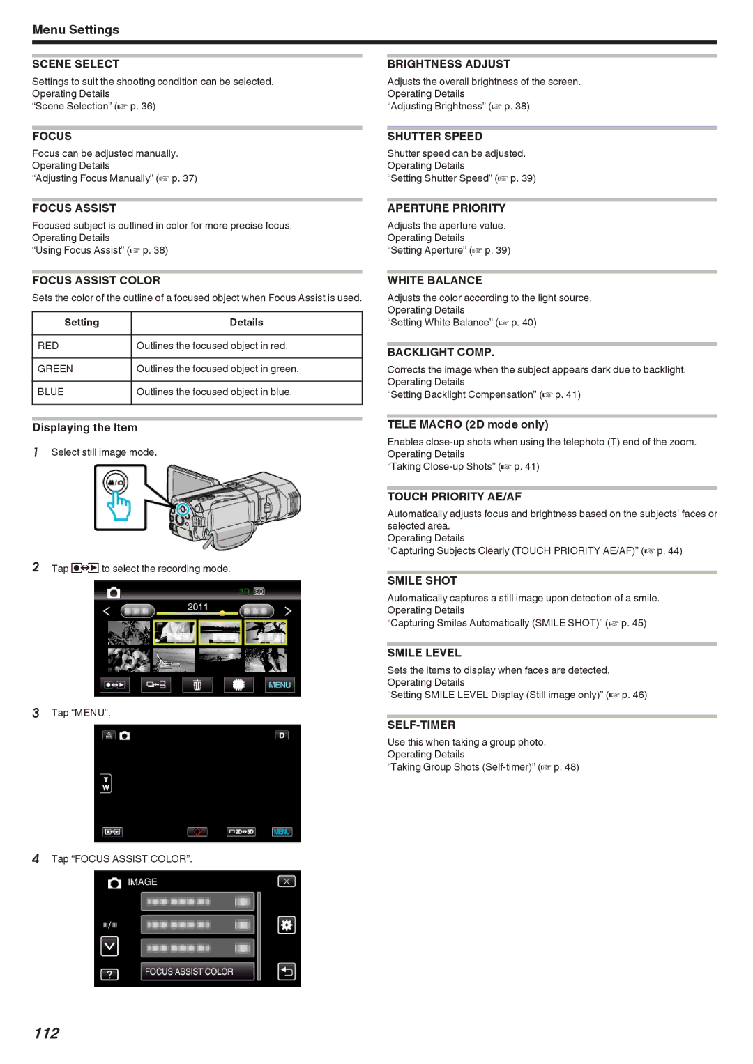 JVC GSTD1BUS manual 112, Smile Shot, Smile Level, Self-Timer 