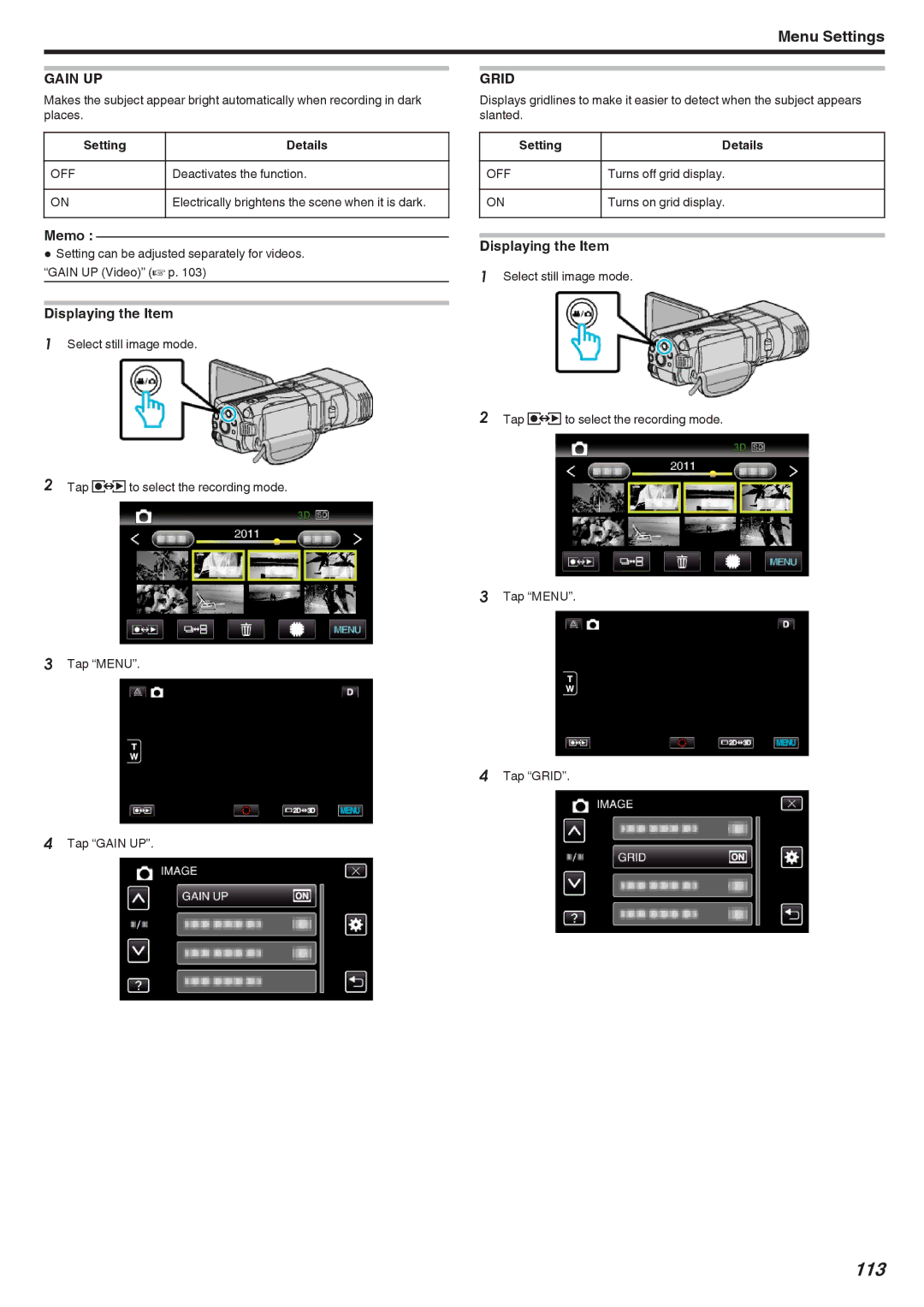 JVC GSTD1BUS manual 113, Gain UP 