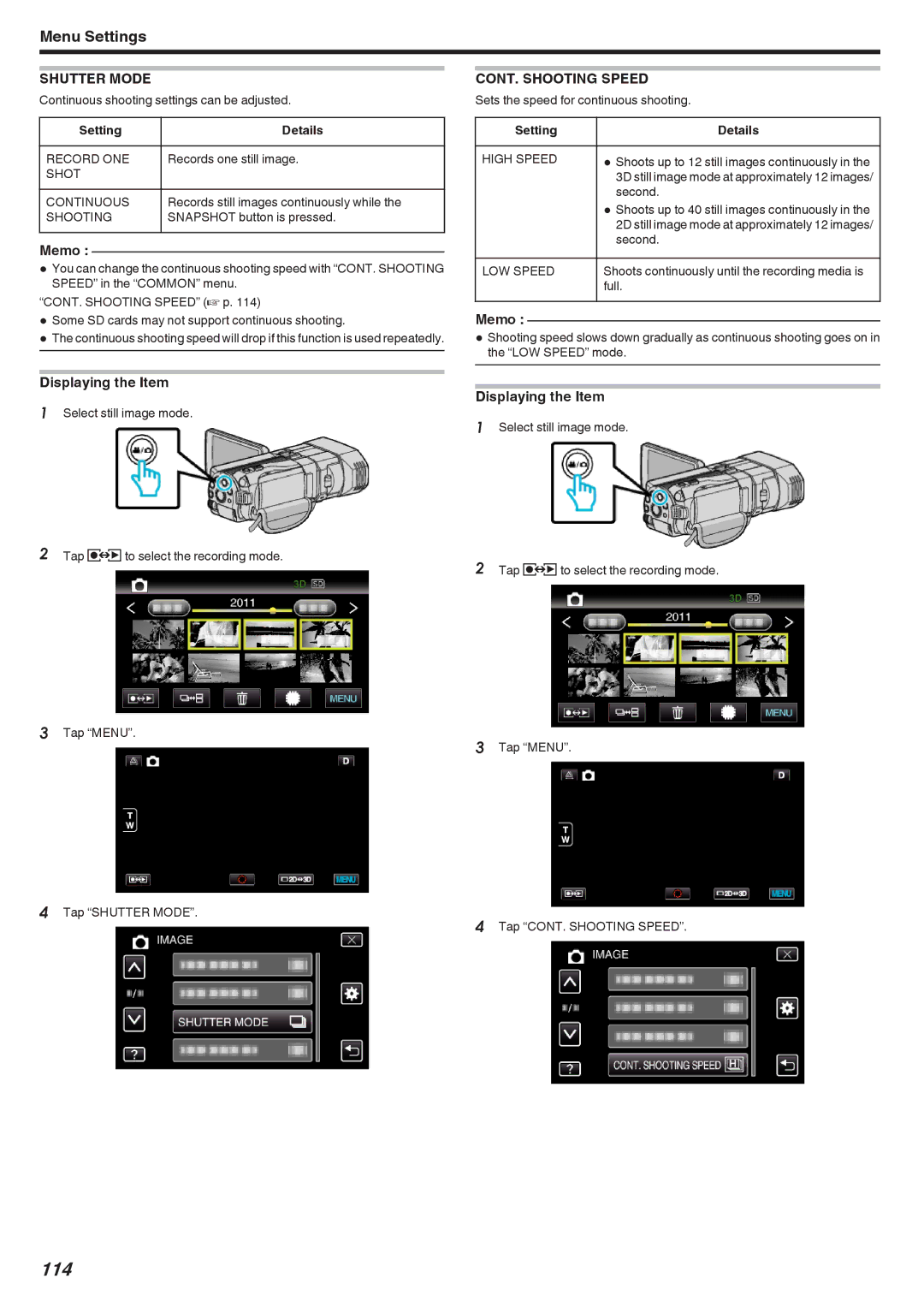 JVC GSTD1BUS manual 114, Shutter Mode, CONT. Shooting Speed 