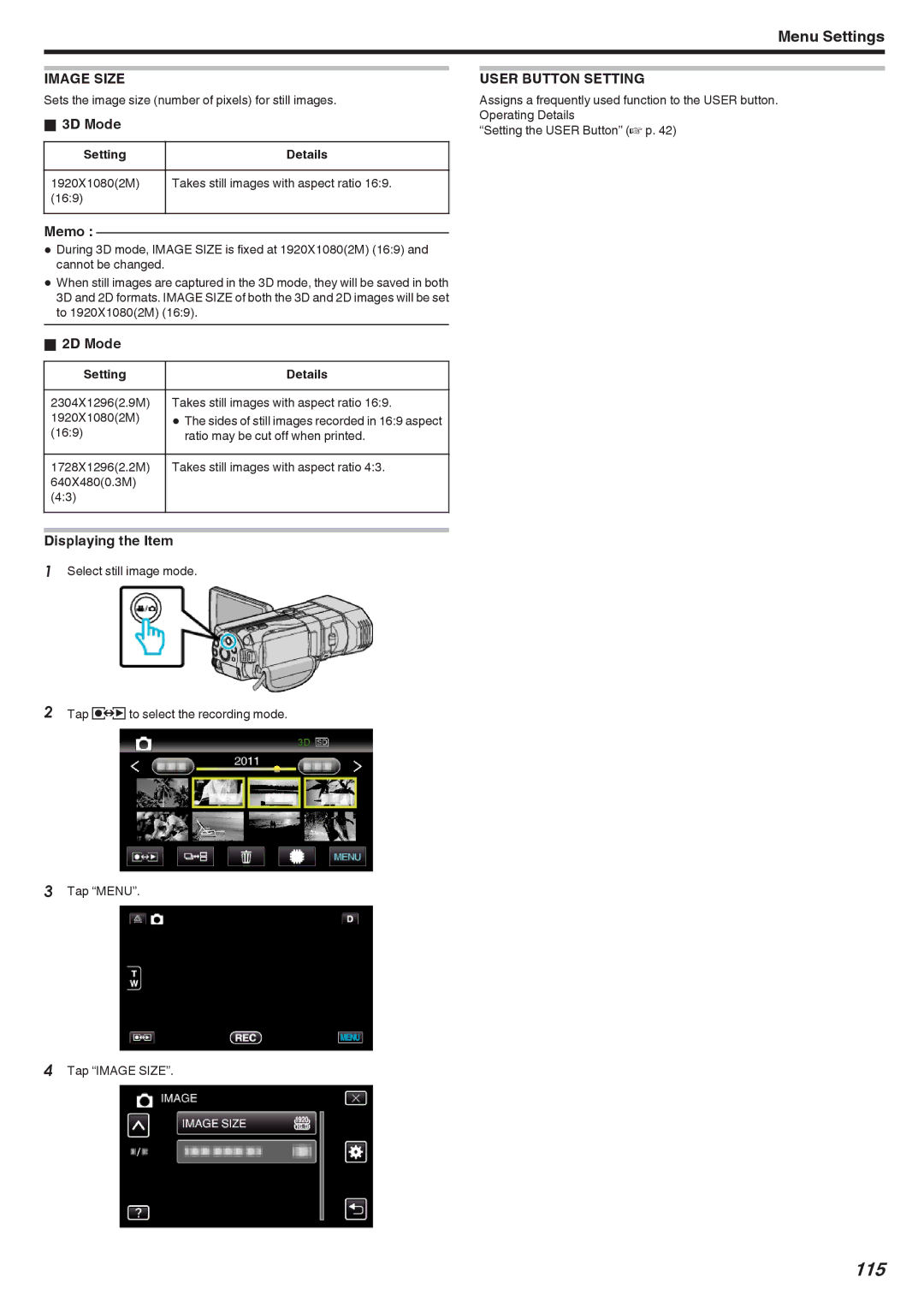 JVC GSTD1BUS manual 115, Image Size 