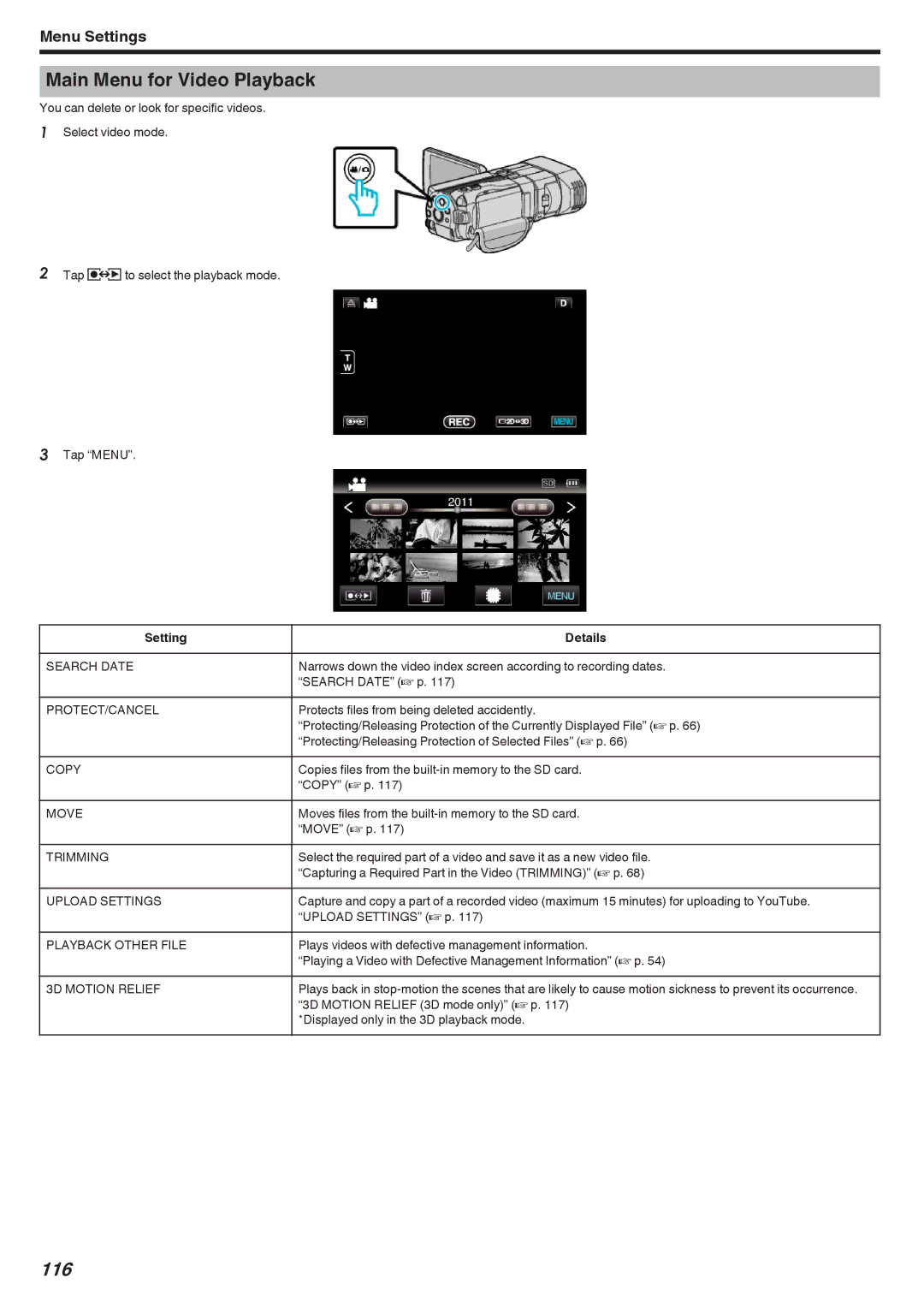 JVC GSTD1BUS manual Main Menu for Video Playback, 116 