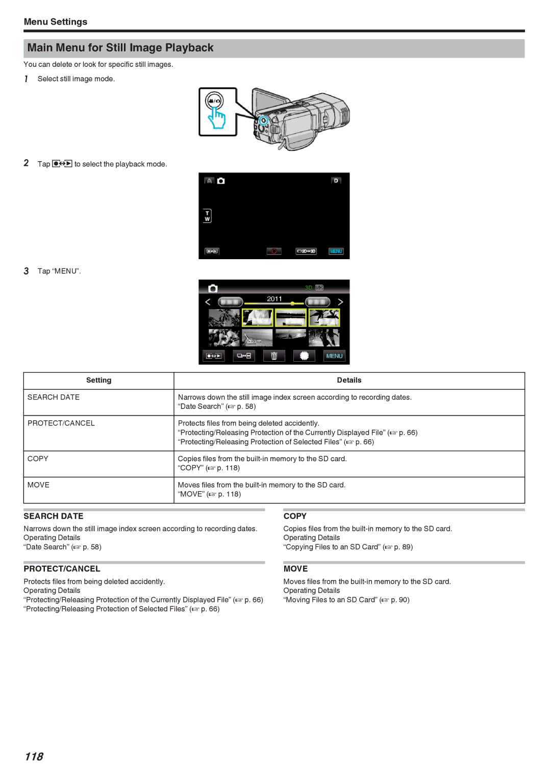 JVC GSTD1BUS manual Main Menu for Still Image Playback, 118 