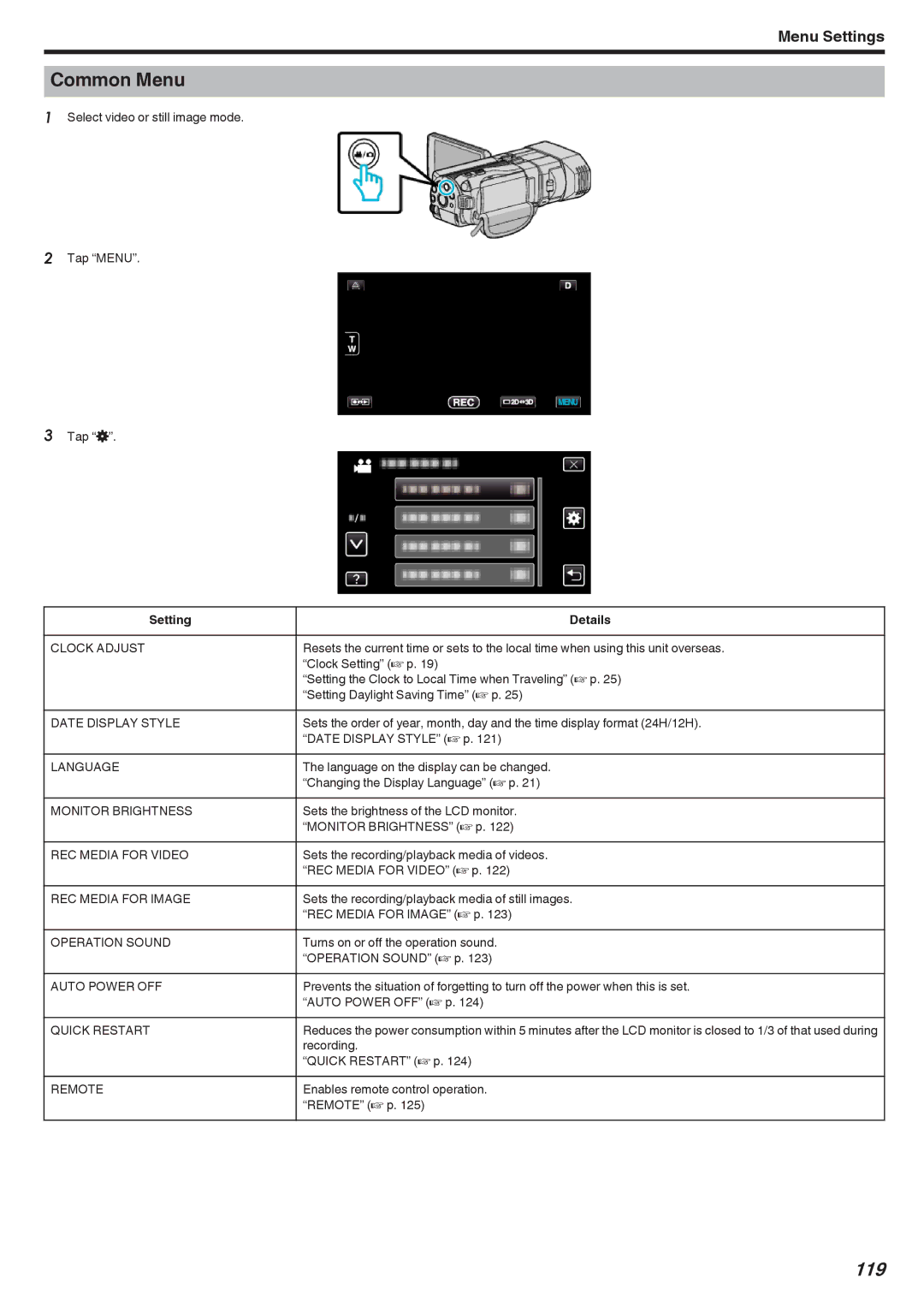 JVC GSTD1BUS manual Common Menu, 119 