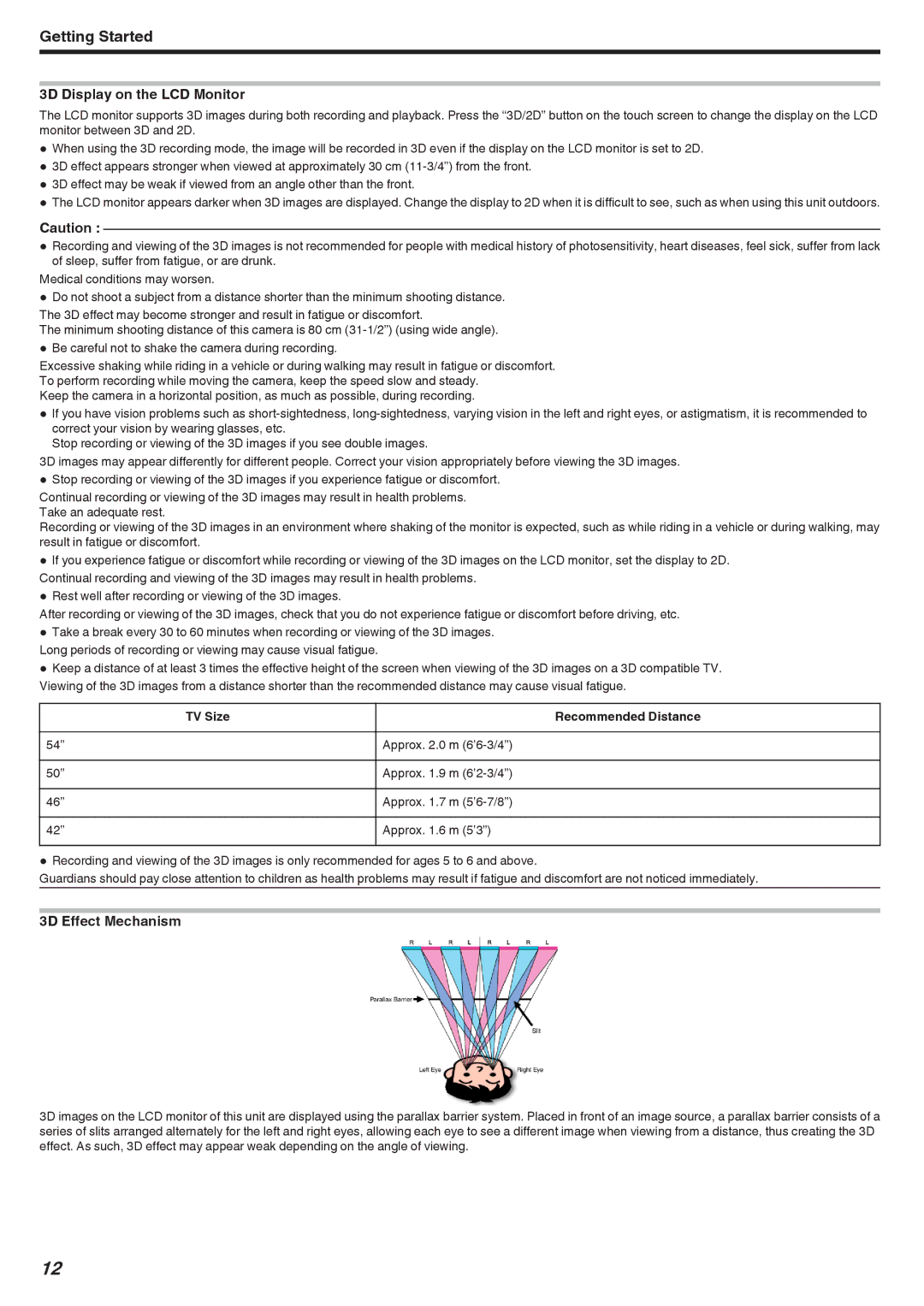 JVC GSTD1BUS manual 3D Display on the LCD Monitor, 3D Effect Mechanism, TV Size Recommended Distance 