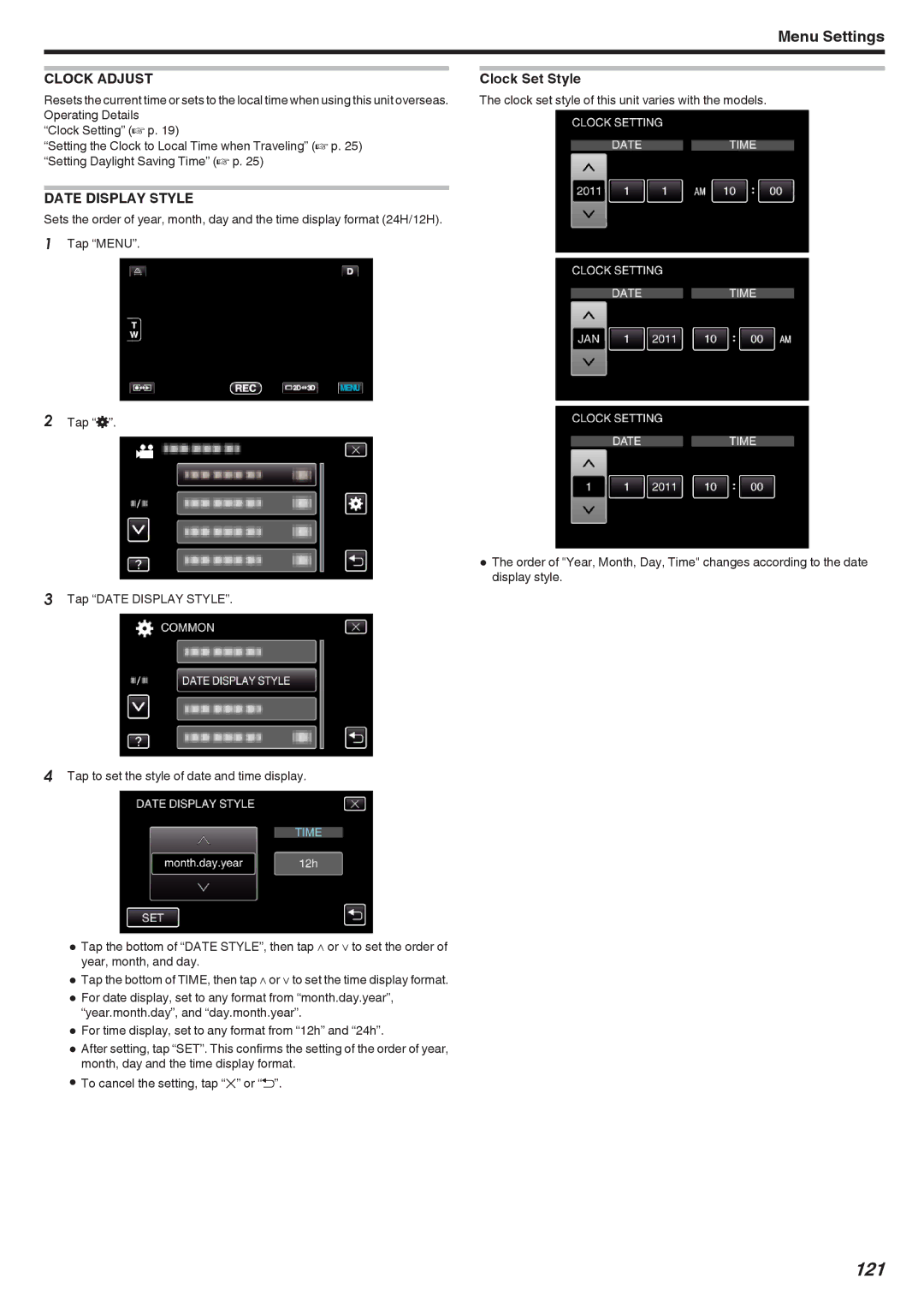 JVC GSTD1BUS manual 121, Clock Adjust, Clock Set Style, Date Display Style 