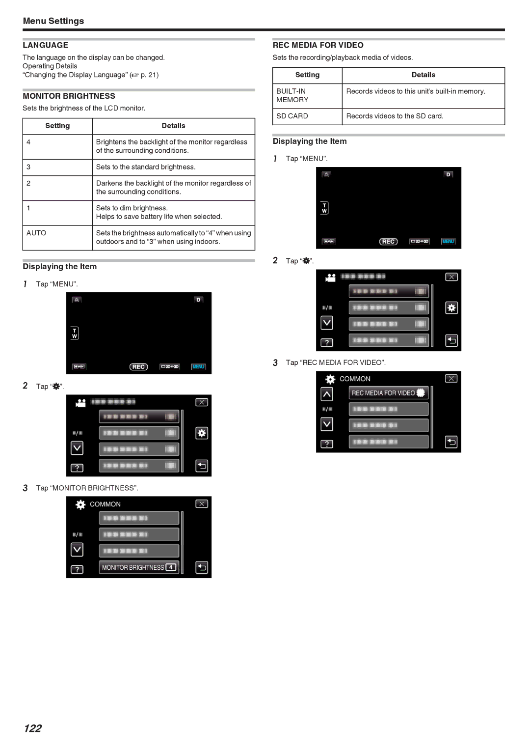 JVC GSTD1BUS manual 122, Language, Monitor Brightness, REC Media for Video 