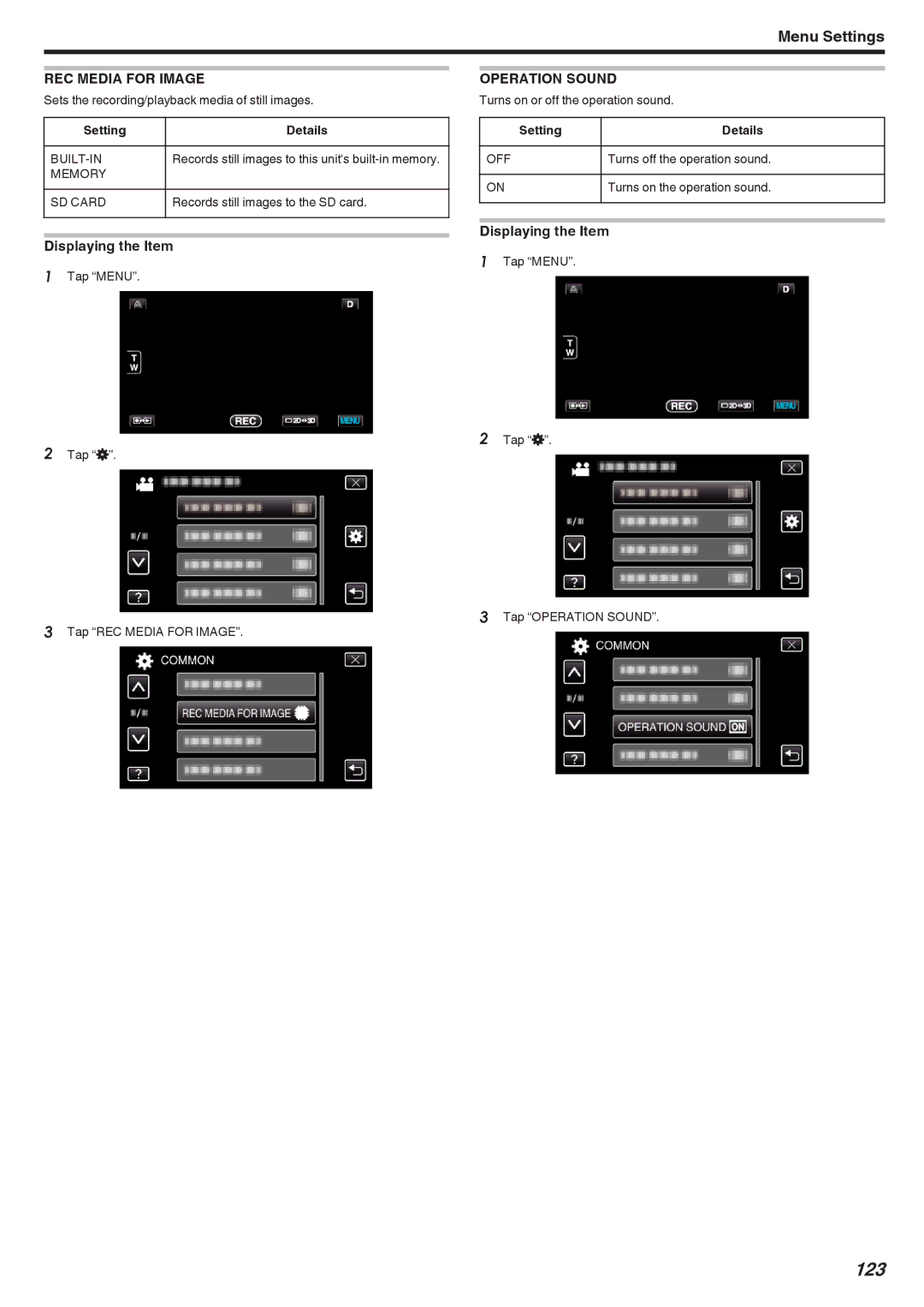 JVC GSTD1BUS manual 123, REC Media for Image, Operation Sound 