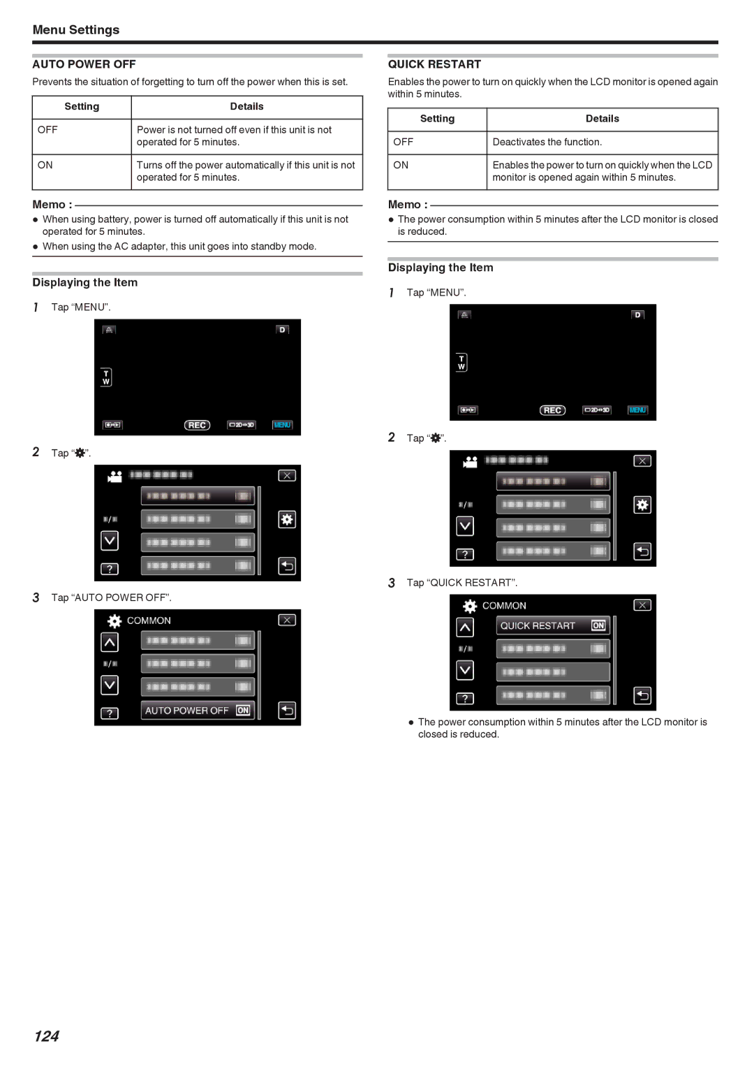 JVC GSTD1BUS manual 124, Auto Power OFF, Quick Restart 