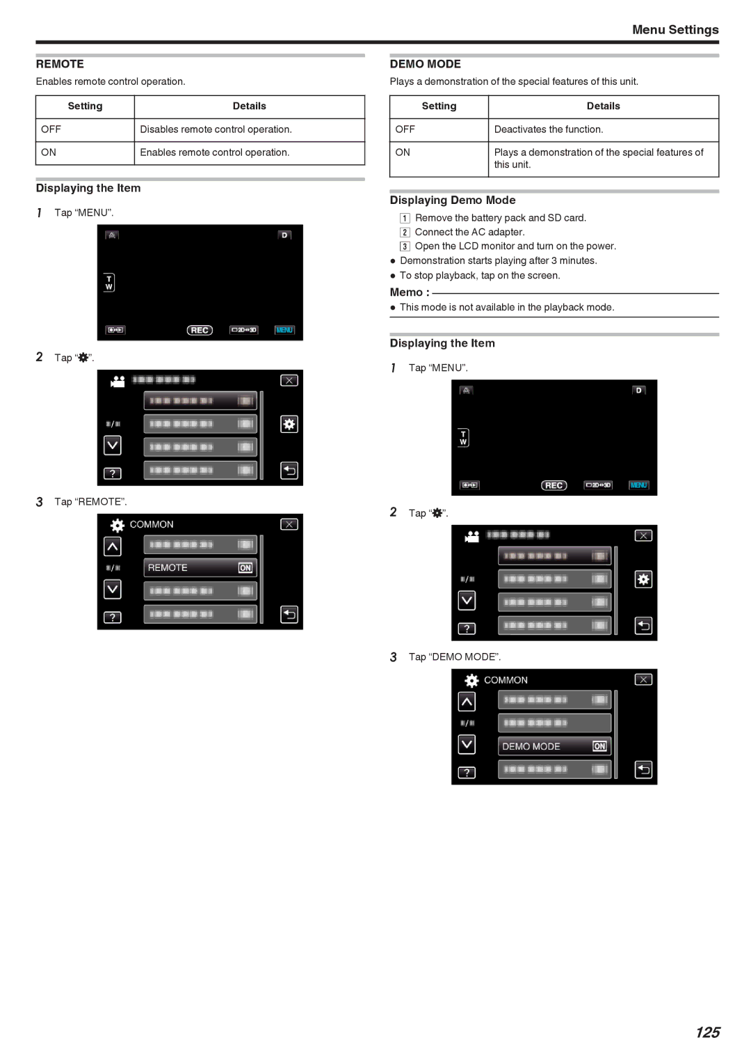 JVC GSTD1BUS manual 125, Remote, Displaying Demo Mode 