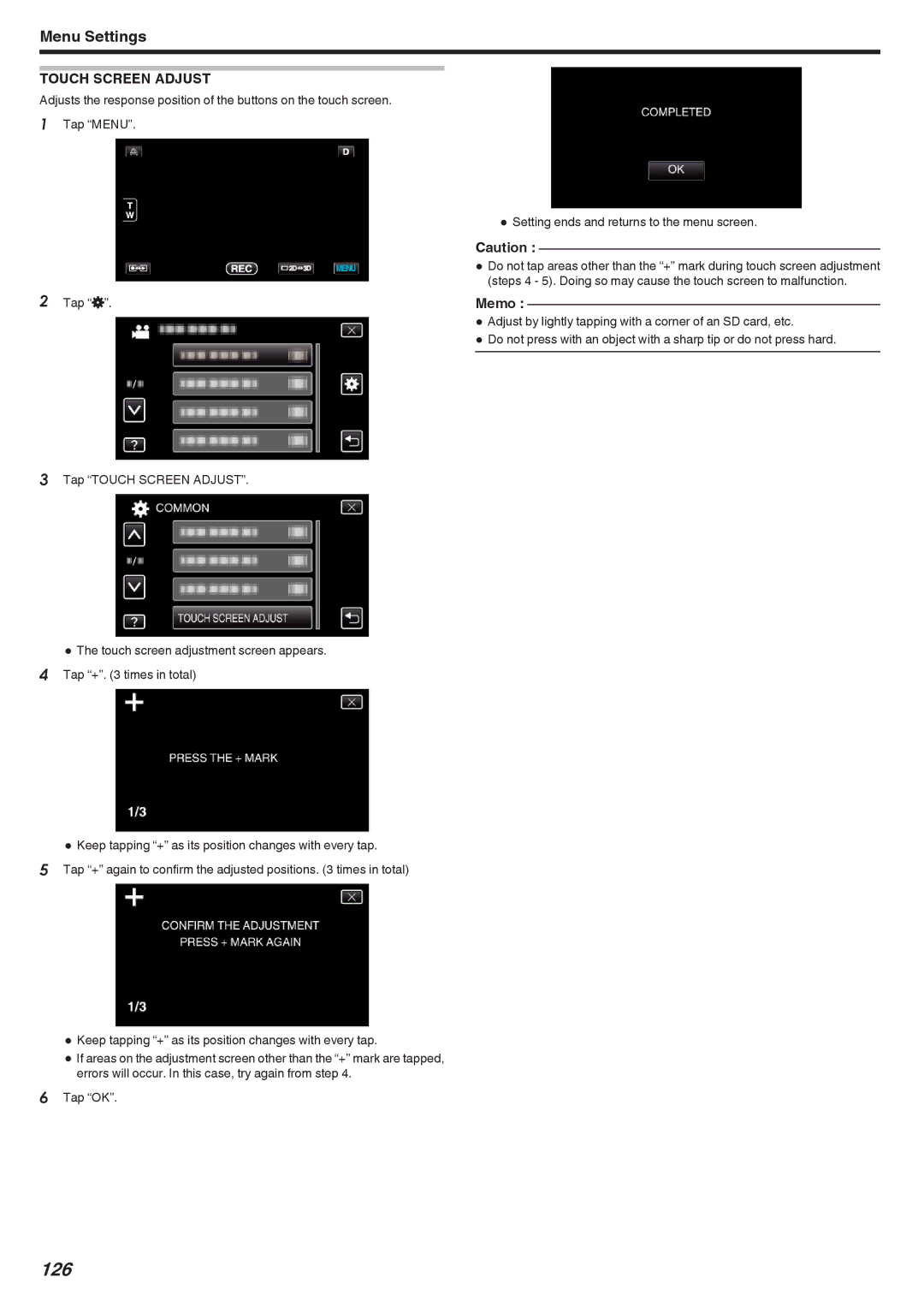 JVC GSTD1BUS manual 126, Touch Screen Adjust 