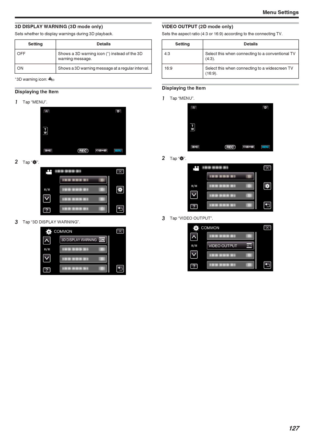 JVC GSTD1BUS manual 127, 3D Display Warning 3D mode only, Video Output 2D mode only 