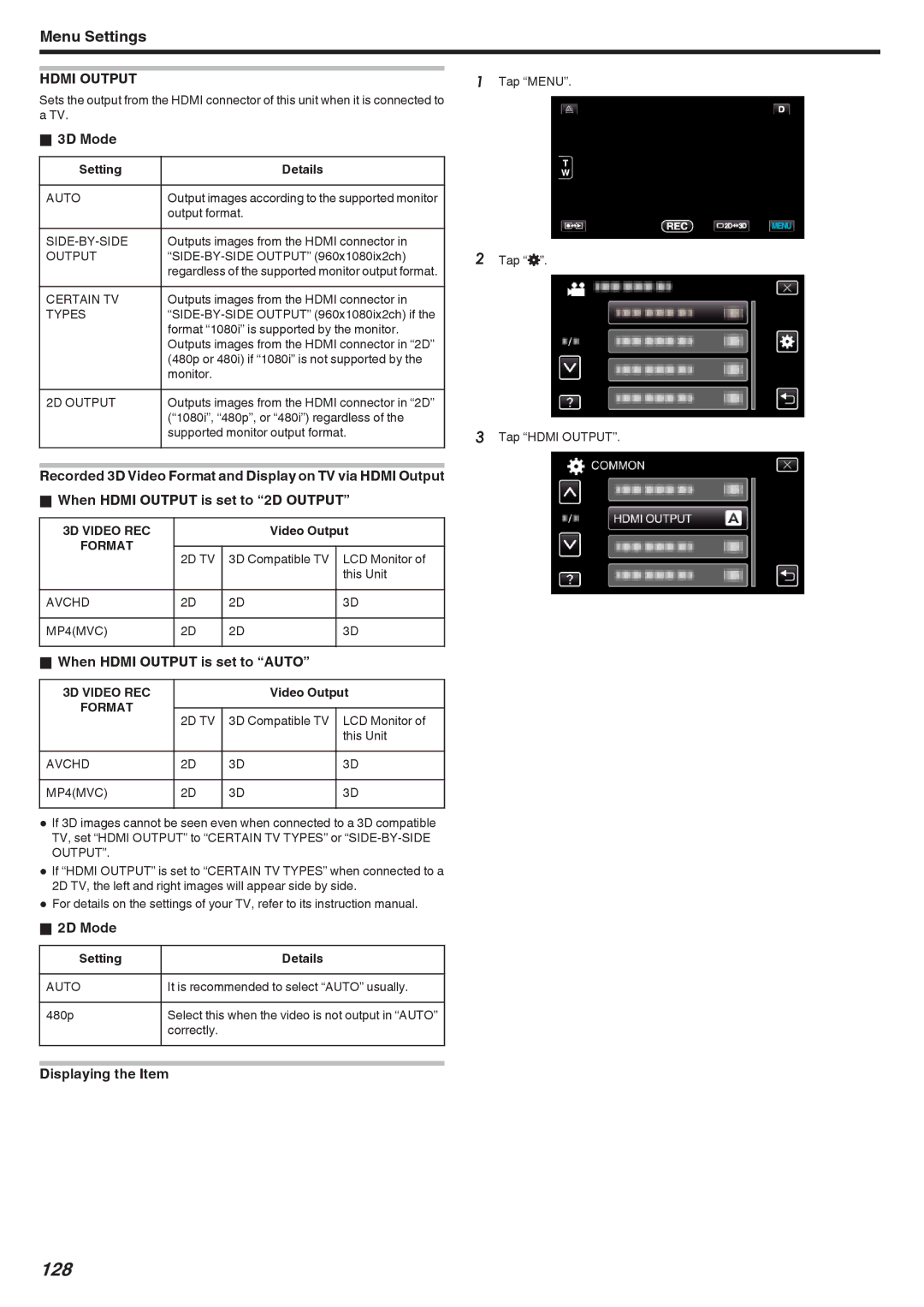 JVC GSTD1BUS manual 128, When Hdmi Output is set to Auto, Video Output 