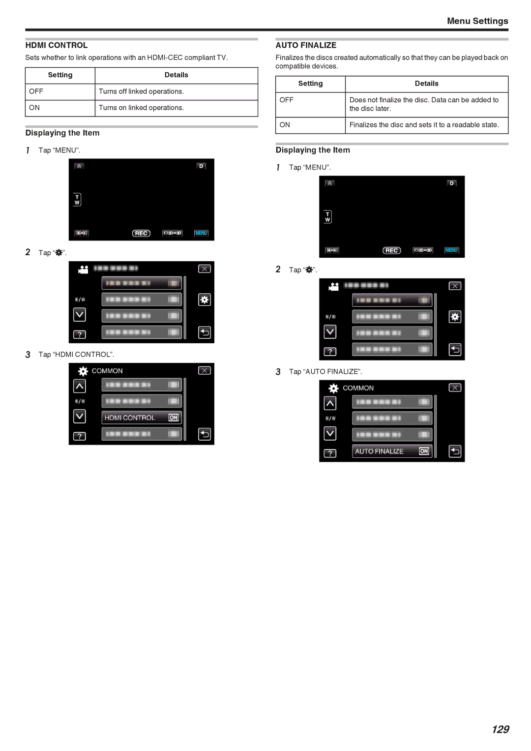 JVC GSTD1BUS manual 129, Hdmi Control, Auto Finalize 