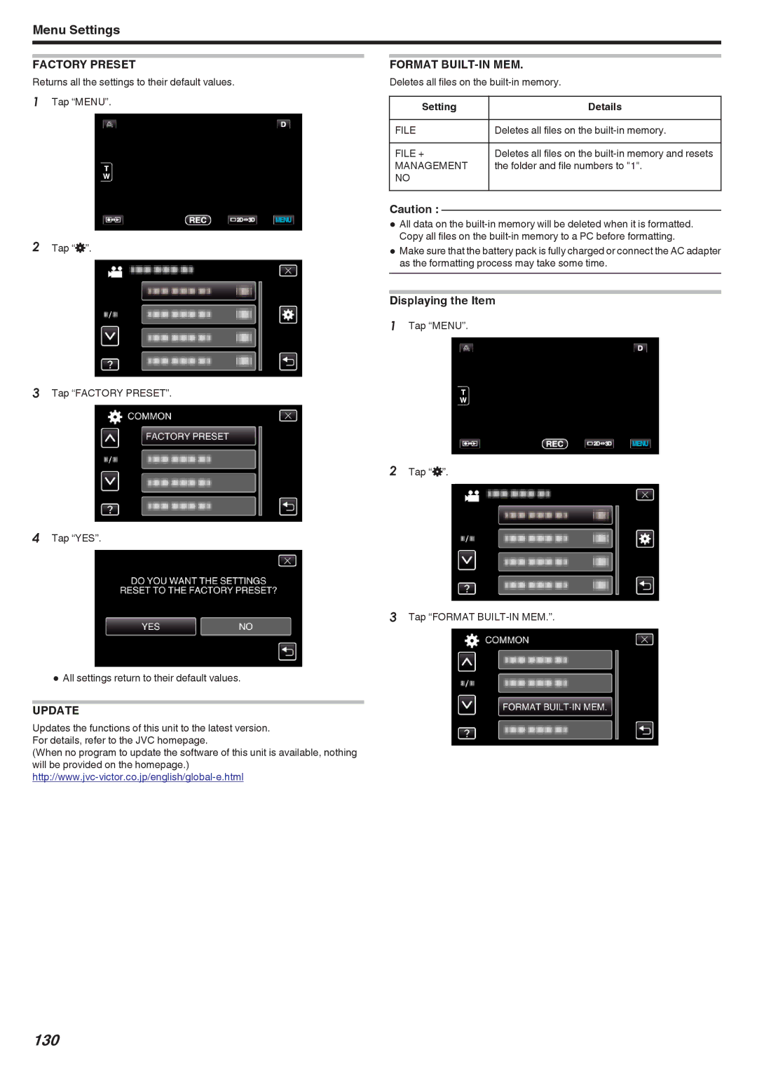 JVC GSTD1BUS manual 130, Factory Preset, Format BUILT-IN MEM, Update 