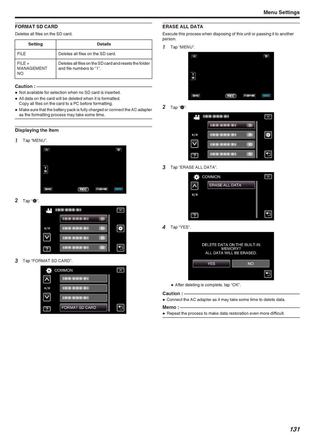 JVC GSTD1BUS manual 131, Format SD Card, Erase ALL Data 