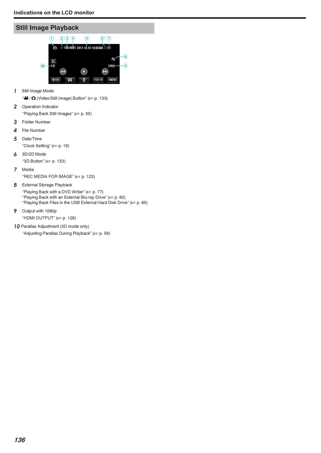 JVC GSTD1BUS manual Still Image Playback, 136 