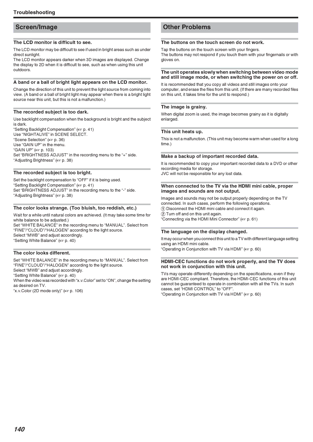 JVC GSTD1BUS manual Screen/Image, Other Problems, 140 