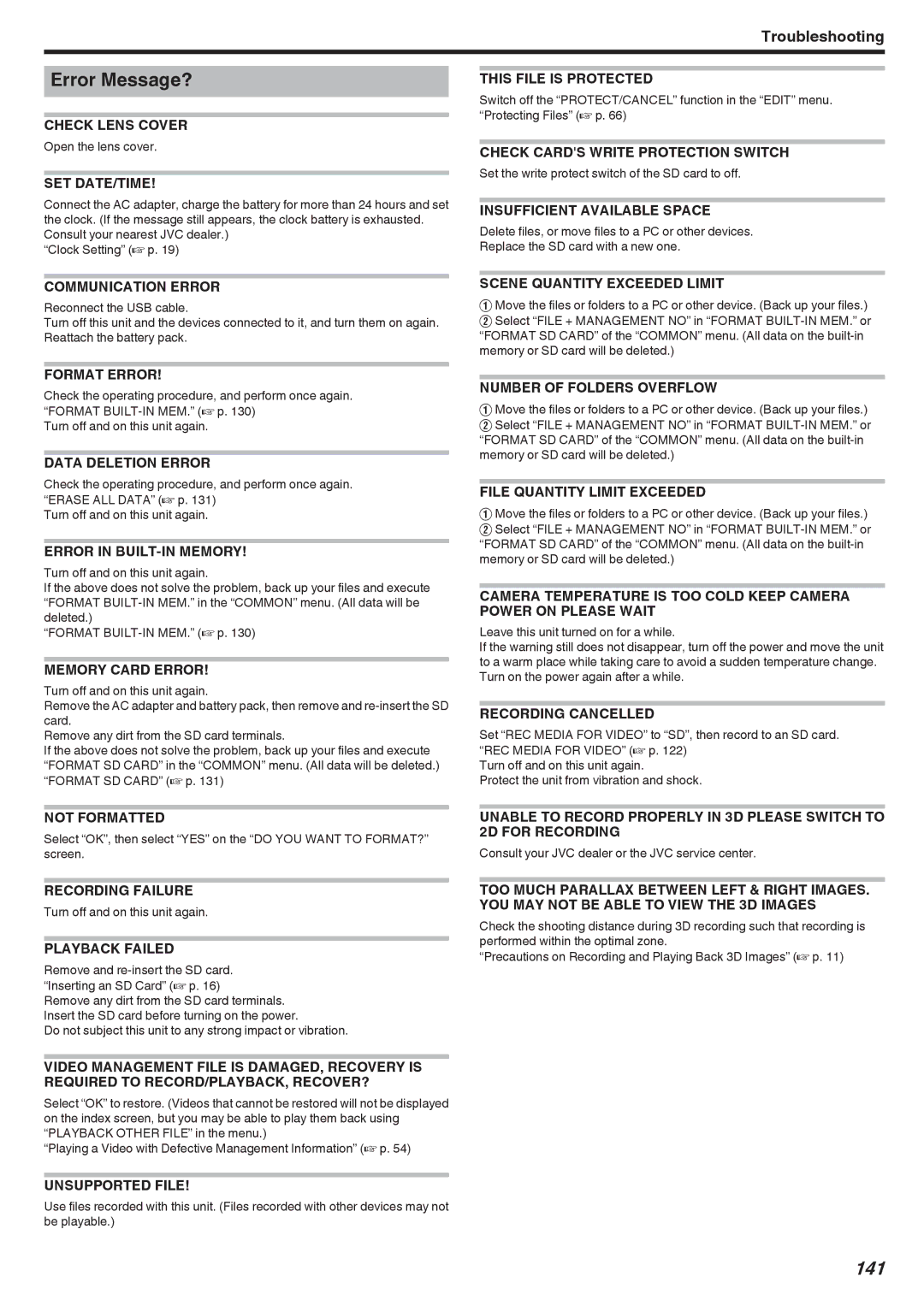 JVC GSTD1BUS manual Error Message?, 141 