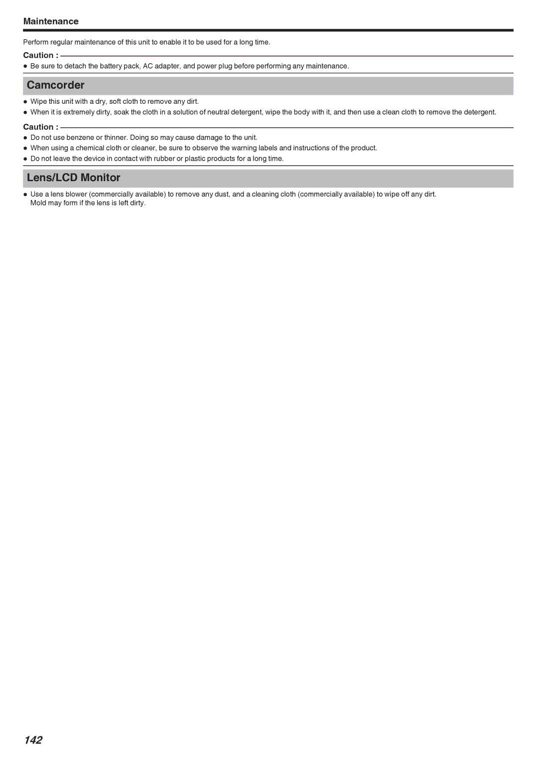 JVC GSTD1BUS manual Camcorder, Lens/LCD Monitor, 142 