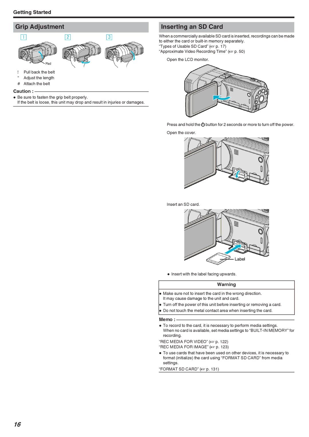 JVC GSTD1BUS manual Grip Adjustment, Inserting an SD Card 