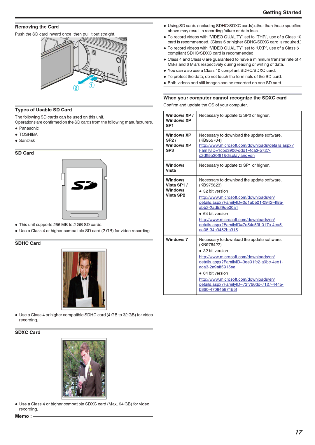 JVC GSTD1BUS manual Removing the Card, Types of Usable SD Card, Sdhc Card, Sdxc Card 