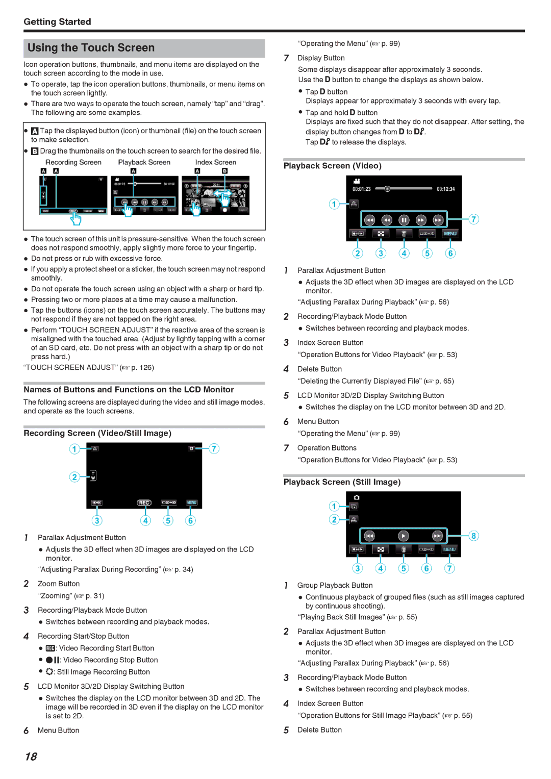 JVC GSTD1BUS Using the Touch Screen, Names of Buttons and Functions on the LCD Monitor, Recording Screen Video/Still Image 