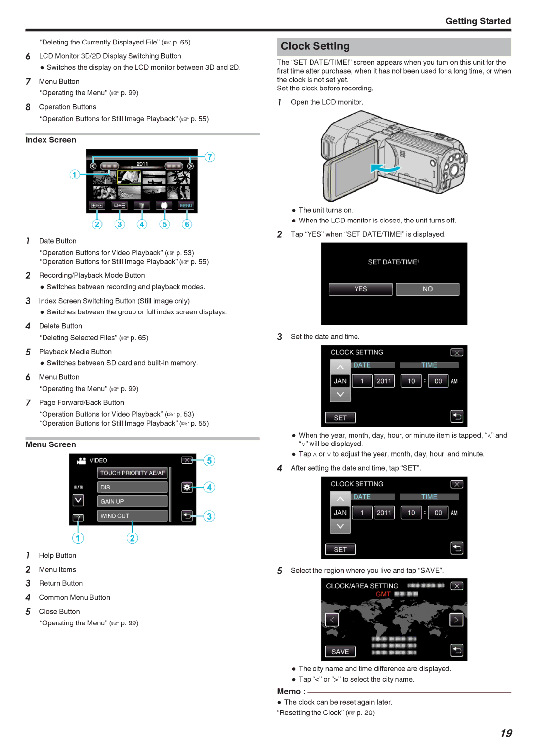 JVC GSTD1BUS manual Clock Setting, Index Screen, Menu Screen 