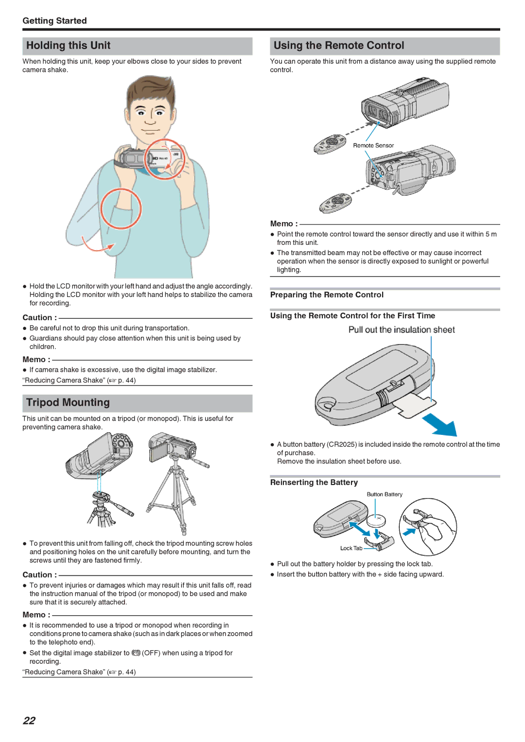 JVC GSTD1BUS manual Holding this Unit, Tripod Mounting, Using the Remote Control, Reinserting the Battery 