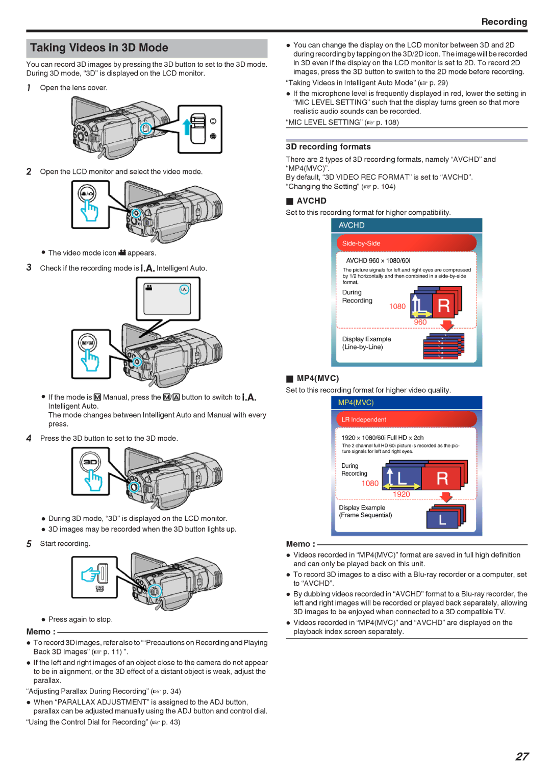 JVC GSTD1BUS manual Taking Videos in 3D Mode, 3D recording formats, Avchd, MP4MVC 